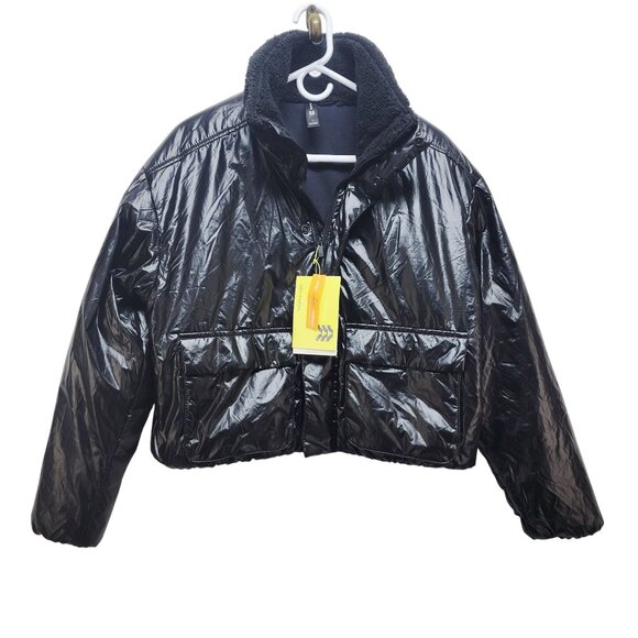 Allmotion Womens Black Shiny Cropped Puffer Jacket With Sherpa Collar Size L - Picture 1 of 8